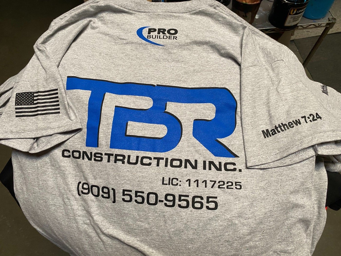 Screen-printed gray t-shirt for TBR Construction Inc.